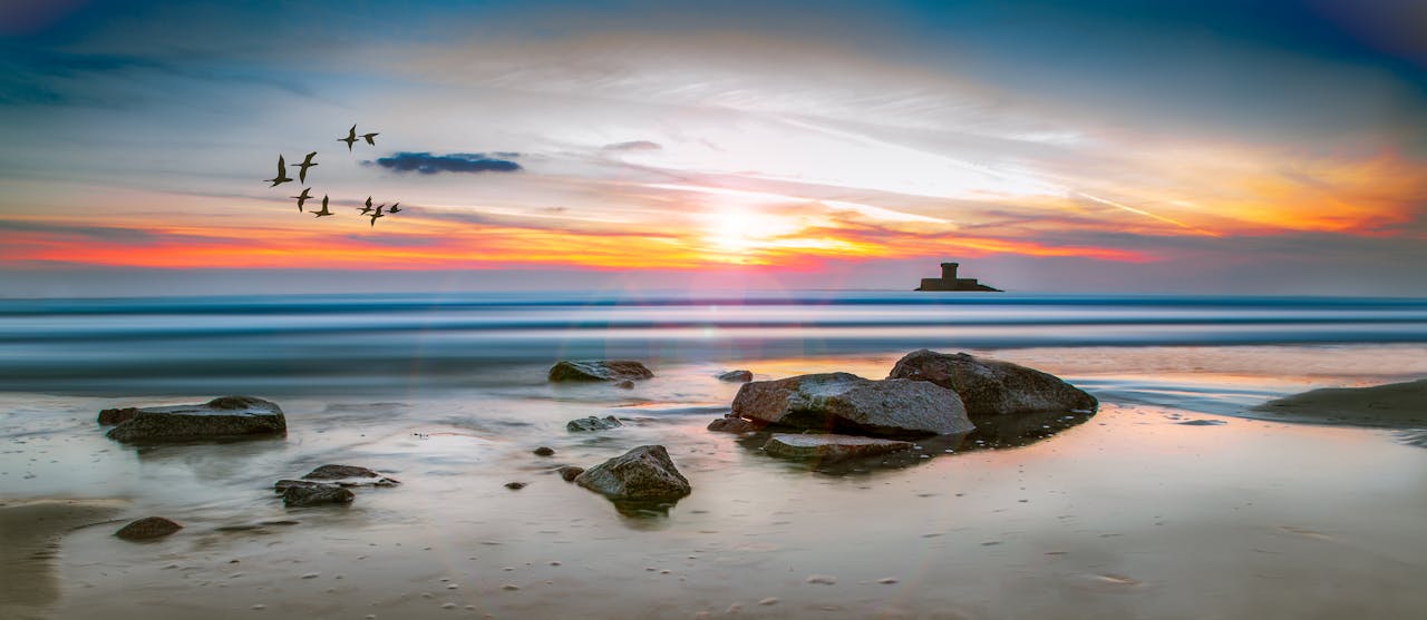 Services-01 Beautiful sunset on a Jersey beach with rocks, birds, and vibrant sky reflected in the sea.